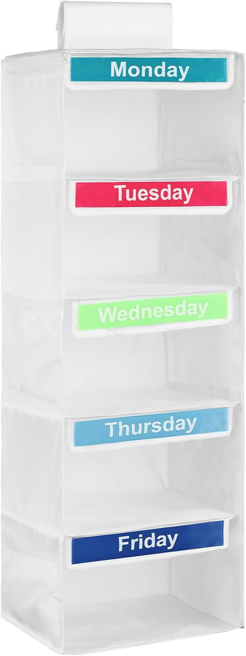 Weekly Clothes Organizer for Kids - 5 Shelf Hanging Closet Organizer, Polyester Daily Cube for Hats, T-Shirts, Bags, Towels (White)