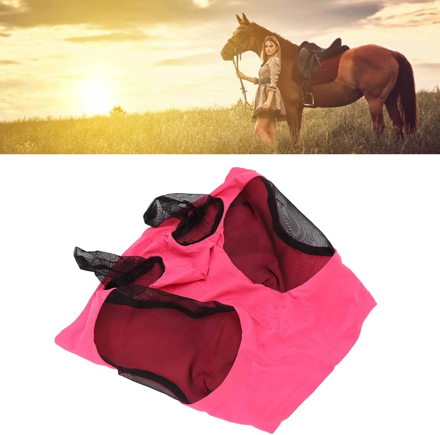Breathable Horse Mesh Fly Mask with Ears, Elastic Equestrian Face Mask for Horses, Sunlight Protection & Fly Protector (Rose) image number 3