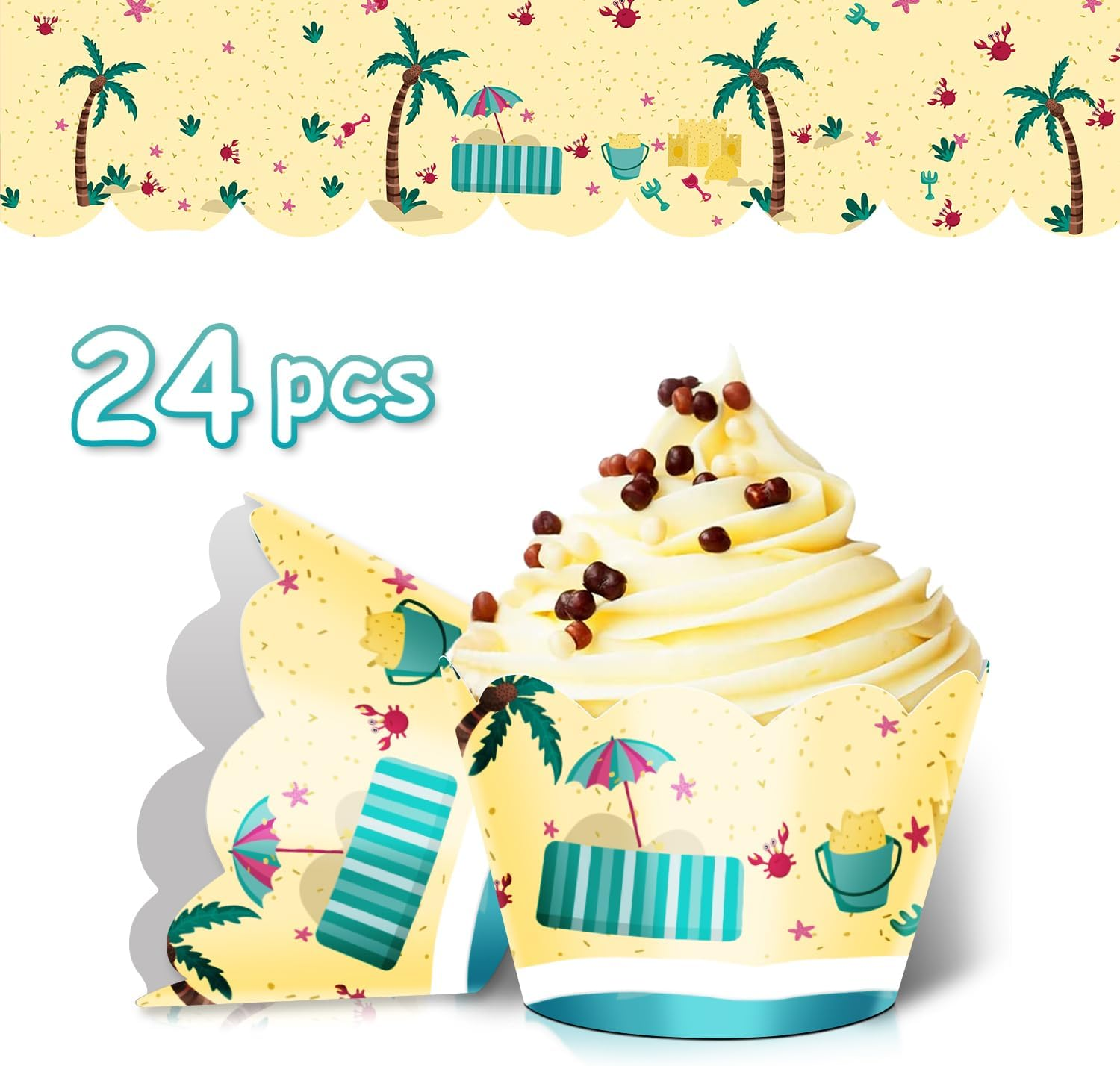 24Pcs Dessert Cupcake Wrappers Pick for Ice Cream Hot Summer Hawaii Beach Theme Decor Supplies Baby Shower Girls Boys Happy Birthday Party Decorations