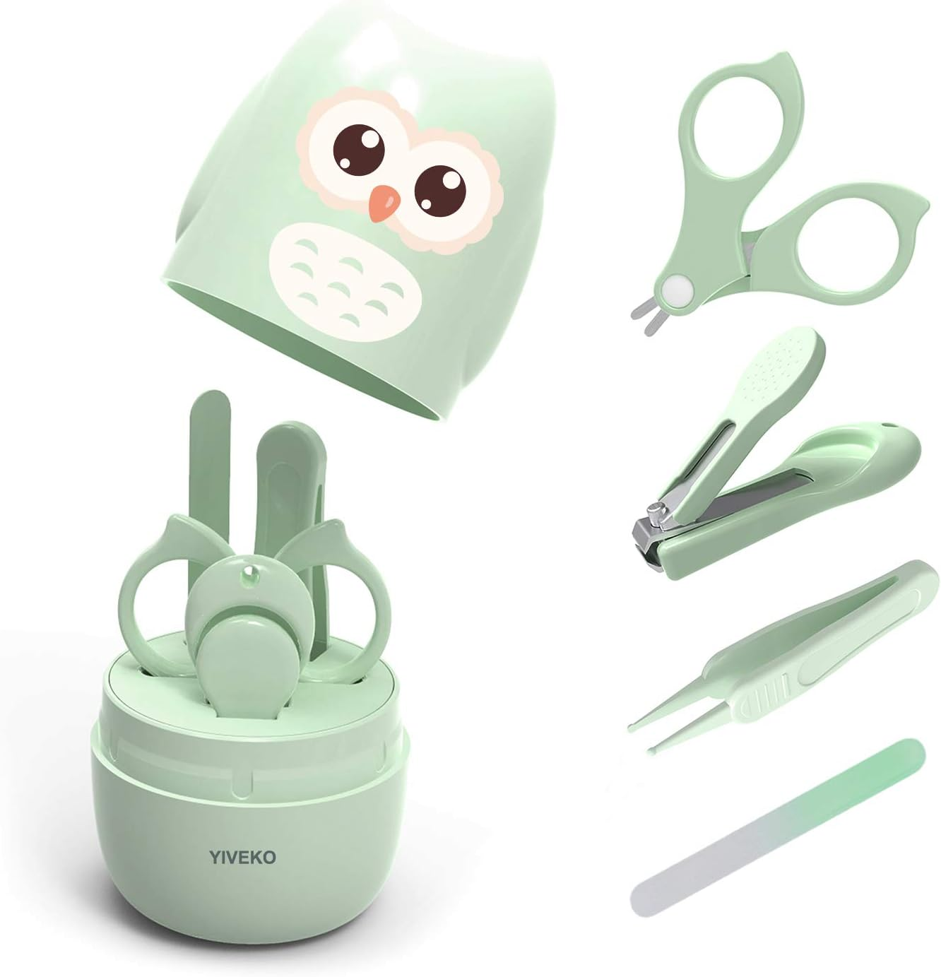 YIVEKO Baby Nail Kit, 4-In-1 Baby Nail Care Set with Cute Case, Baby Nail Clipper, Scissor, Nail File & Tweezer, Baby Manicure Kit and Pedicure Kit for Newborn, Infant, Toddler, Kids-Owl Green