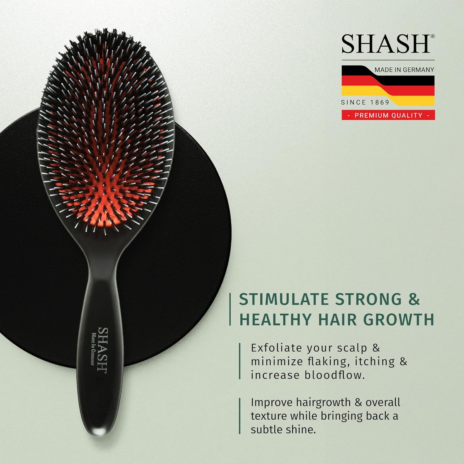 Made in Germany - SHASH Nylon Boar Bristle Brush Suitable for Normal to Thick Hair - Gently Detangles, No Pulling or Split Ends - Softens and Improves Hair Texture, Stimulates Scalp (Large)