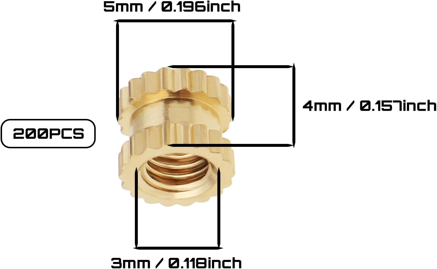 Emsea 200PCS 3D Printing Threaded Insert M3X4X5Mm Thread Knurled Brass Nuts for 3D Printers Electrical Molding Machines Brass Embedding Nuts Gold image number 3