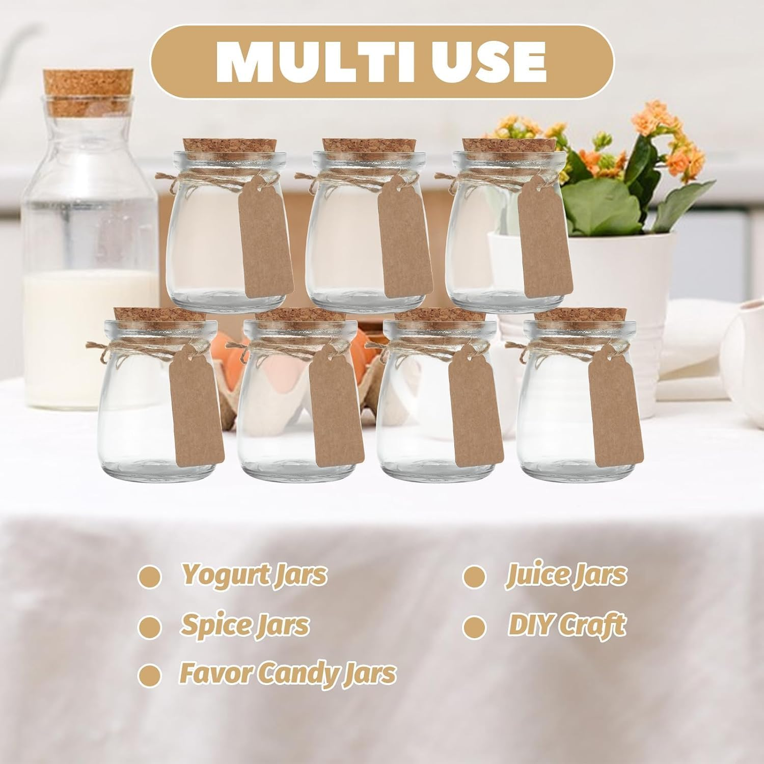 24 Pack Mini Yogurt Jars with Cork Lids, 4 Oz/120Ml Glass Favor Jars, Mini Pudding Jar, Mason Candle Bath Salt Jar, Wedding Favors Honey Pot, Extra Twine, Labels and Cleaning Brush image number 3