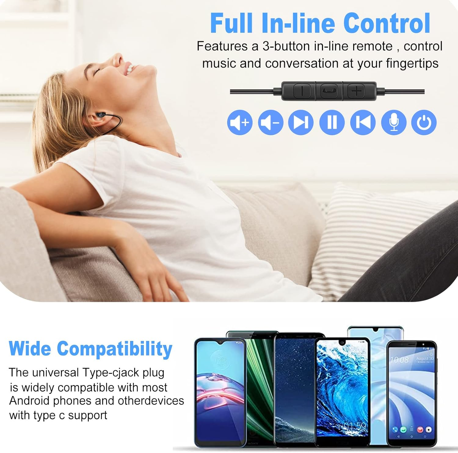 MAXROCK 2PCS Sleep Wired Headphones with USB-C Plug, Wired Ear Buds or Sleeping Earphones with Built-In Remote to Control Music, Phone Calls, and Volume for Iphone15, Samsung Android Phones image number 3