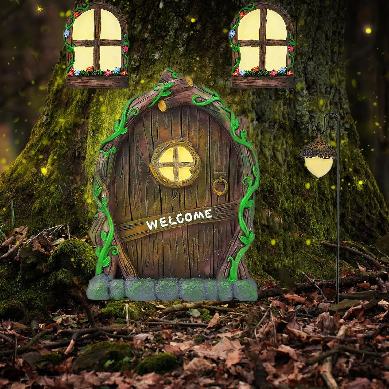 Miniature Fairy Garden Accessories: Glow in the Dark Fairy Door and Windows for Trees, Green Resin Garden Ornament with Lantern image number 5