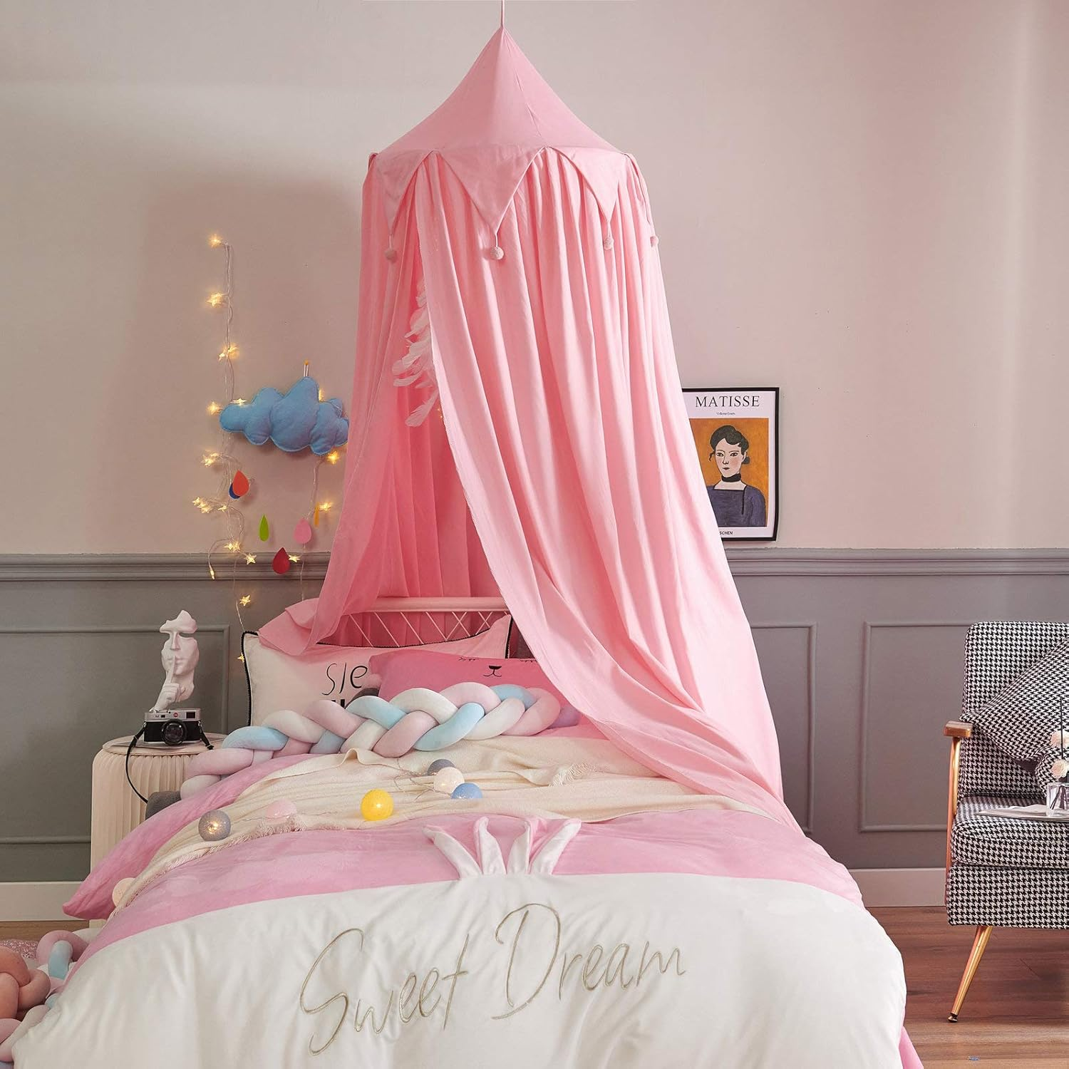 Princess Canopy for Girls Bed with Tassels Hideaway Tent for Kids Rooms or Cribs Nursery for Decoration, Playing,Reading,Sleep as Hanging House Castle