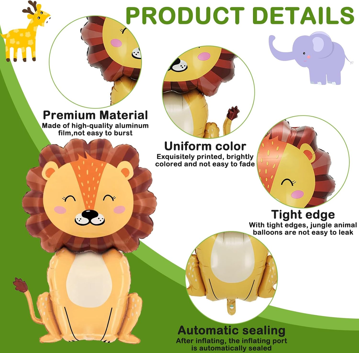 8 Pcs Jungle Safari Animal Balloons, KUAOOAUK Wild One Birthday Zoo Jungle Decoration, Large Giraffe Elephant Lion Foil Balloons for Kids Boys Jungle Theme Birthday Decorations Baby Shower Supplies image number 4