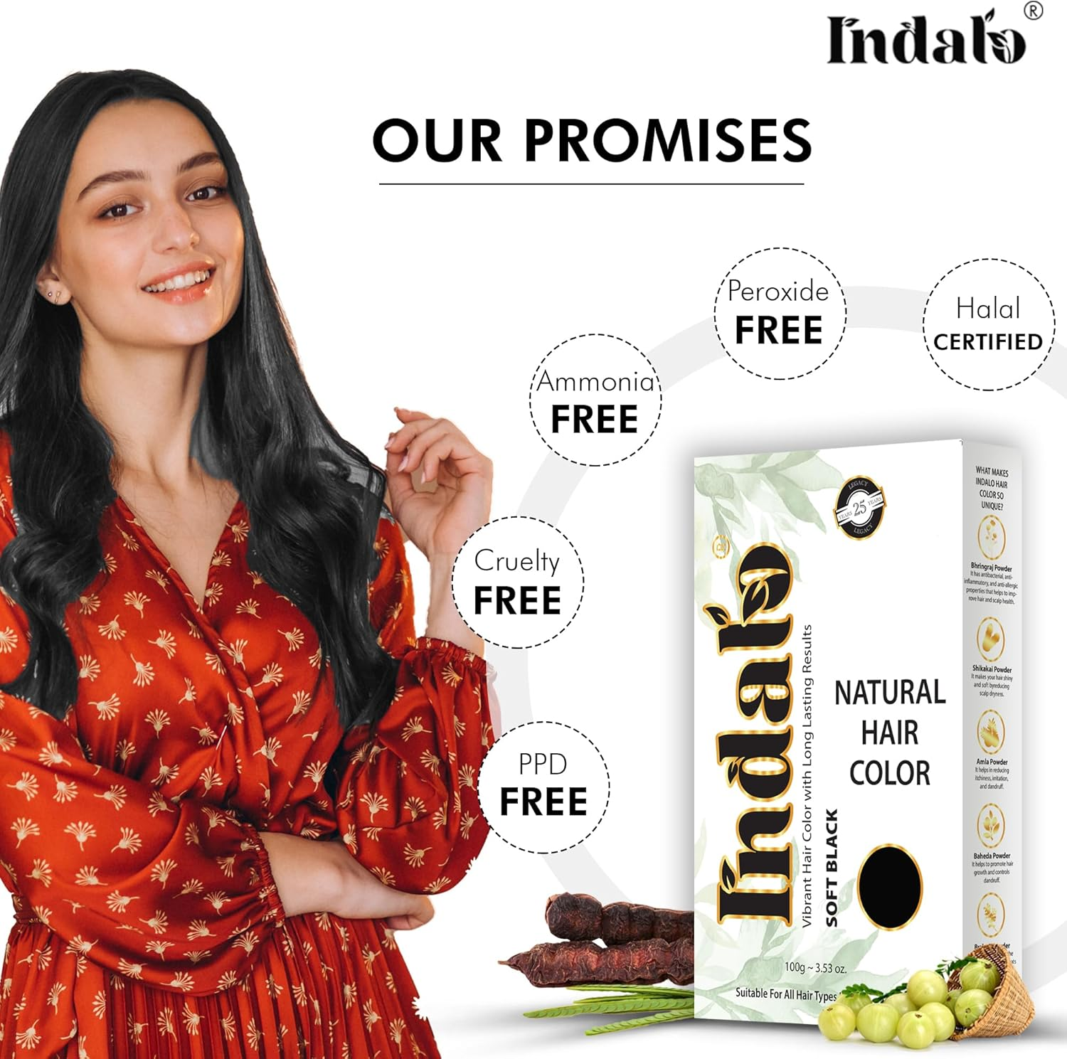 Indalo Natural Hair Color Soft Black | No Ammonia, No Paraben, No PPD, Soft Black Hair Color | Suitable for Men & Women (100G) image number 2