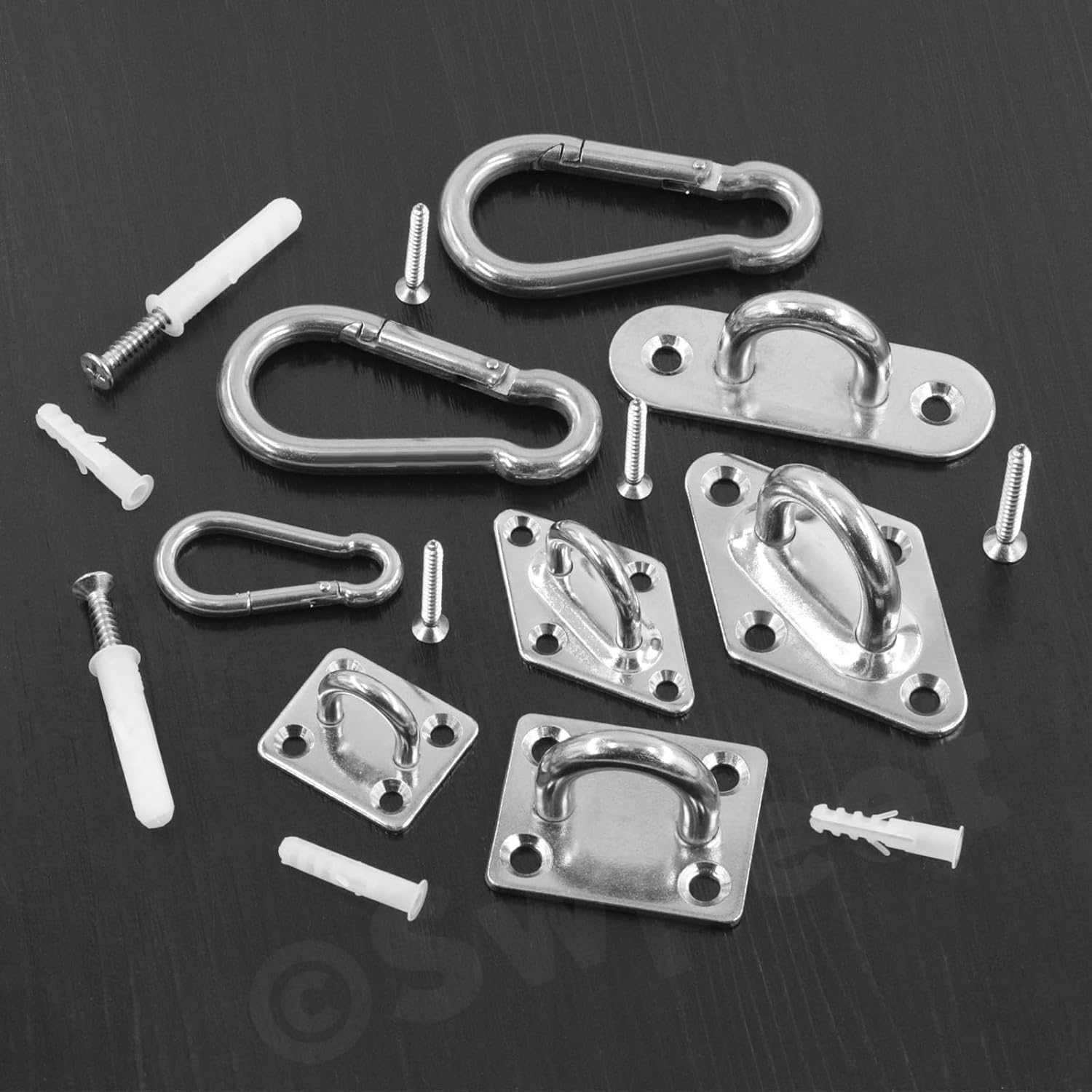 Swpeet 24 Pcs M8 Premium Heavy Duty Oval Stainless Steel Screw Hooks Kit with Pad Eye Hooks, Snap Hooks, Screws with Plastic Expansion Tube, Ceiling Hooks for Outdoor Indoor Activity image number 1