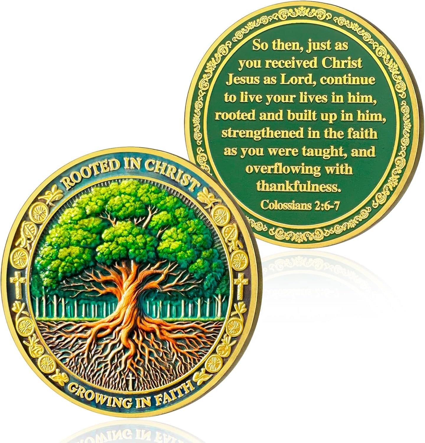 Growing in Faith Christian Challenge Coins Rooted in Christ Jesus Bible Coin Colossians 2:6-7 Jesus God Christian Prayer Token Art Pocket Bible Verses Jesus Religious Gifts for Men & Women