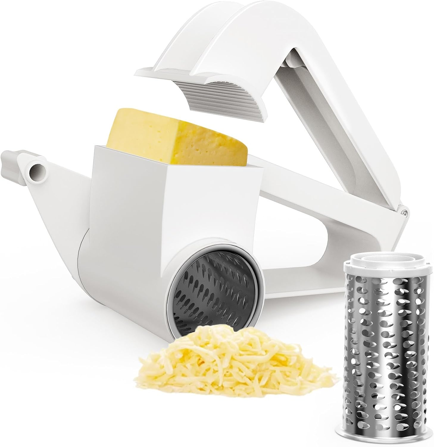 Rotary Cheese Grater with Handle for Vegetables, Chocolate, Hard Cheese & Nuts - White