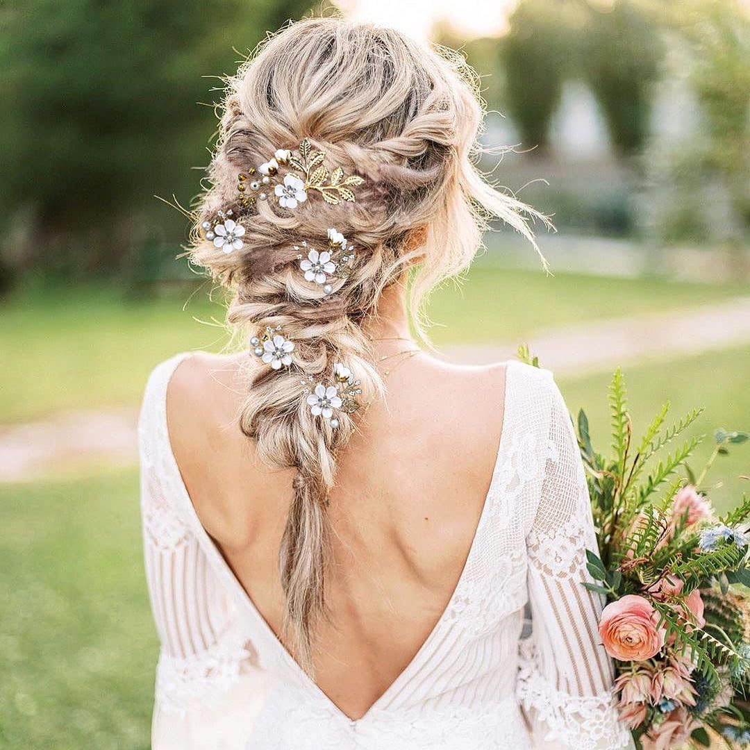 5 Pieces Bridal Flower Wedding Hair Pins Crystal Pearl Hair Pins Clips Headpiece Gold Wedding Hair Accessories Jewelry with Rhinestone for Brides Bridesmaids Women Girls Updo(Pure White Flower) - Exquisite Flower Leavesspecial Cream Blue image number 5