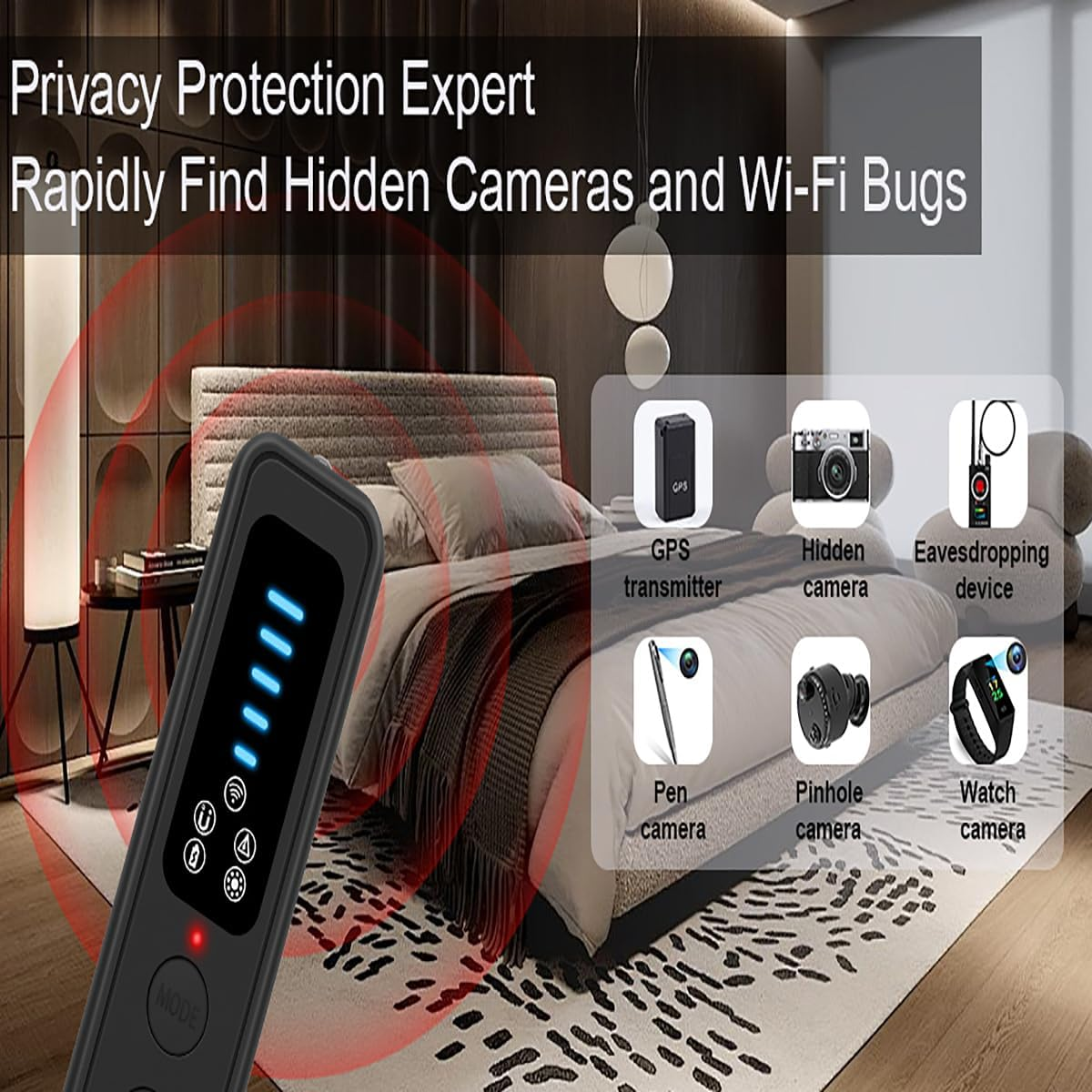 CLERIVI Ai-Powered Hidden Camera Detector & Bug Detector , GPS Tracker Finder with 5 Sensitivity Levels for Travel, Hotel & Office Security. Portable, Rechargeable Anti-Spy Device image number 6