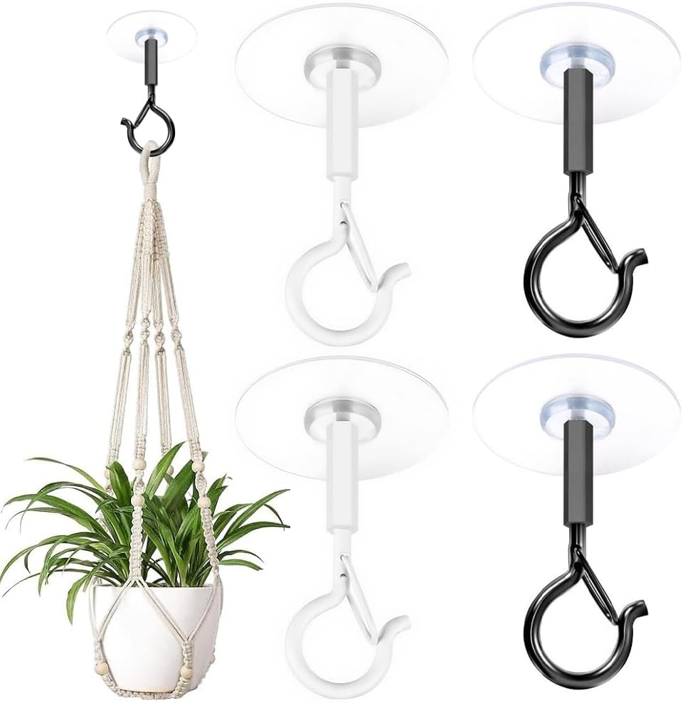4 Pack Heavy Duty Ceiling Hooks for Hanging Planters, Bird Feeders, Lanterns and Outdoor Decorations &ndash; Strong Self-Adhesive Hooks for Home and Garden Use (White)