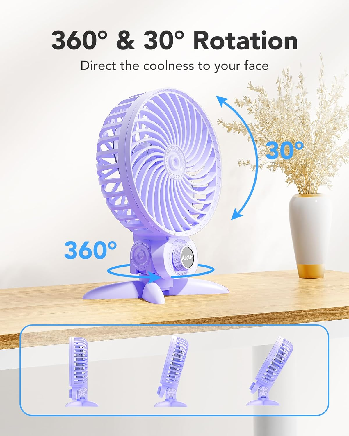 Aaolin USB Small Fan, Desk Fans with CVT Variable Speeds, Strong Cooling Airflow, Quiet Portable, Desktop Mini Personal Fan for Room, Home,Office, Bedroom-Usb Powered (Purple) - Blue image number 5