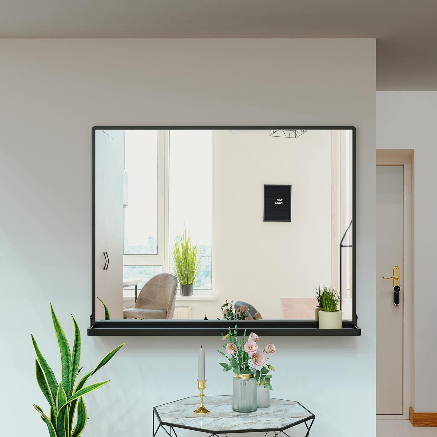 ANYHI Black Bathroom Wall Mirror with Shelf, 80X60 Cm Metal Frame Rectangle Bathroom Mirror for Wall, Perfect for Living Room, Bedroom, Entryway, Horizontal image number 7