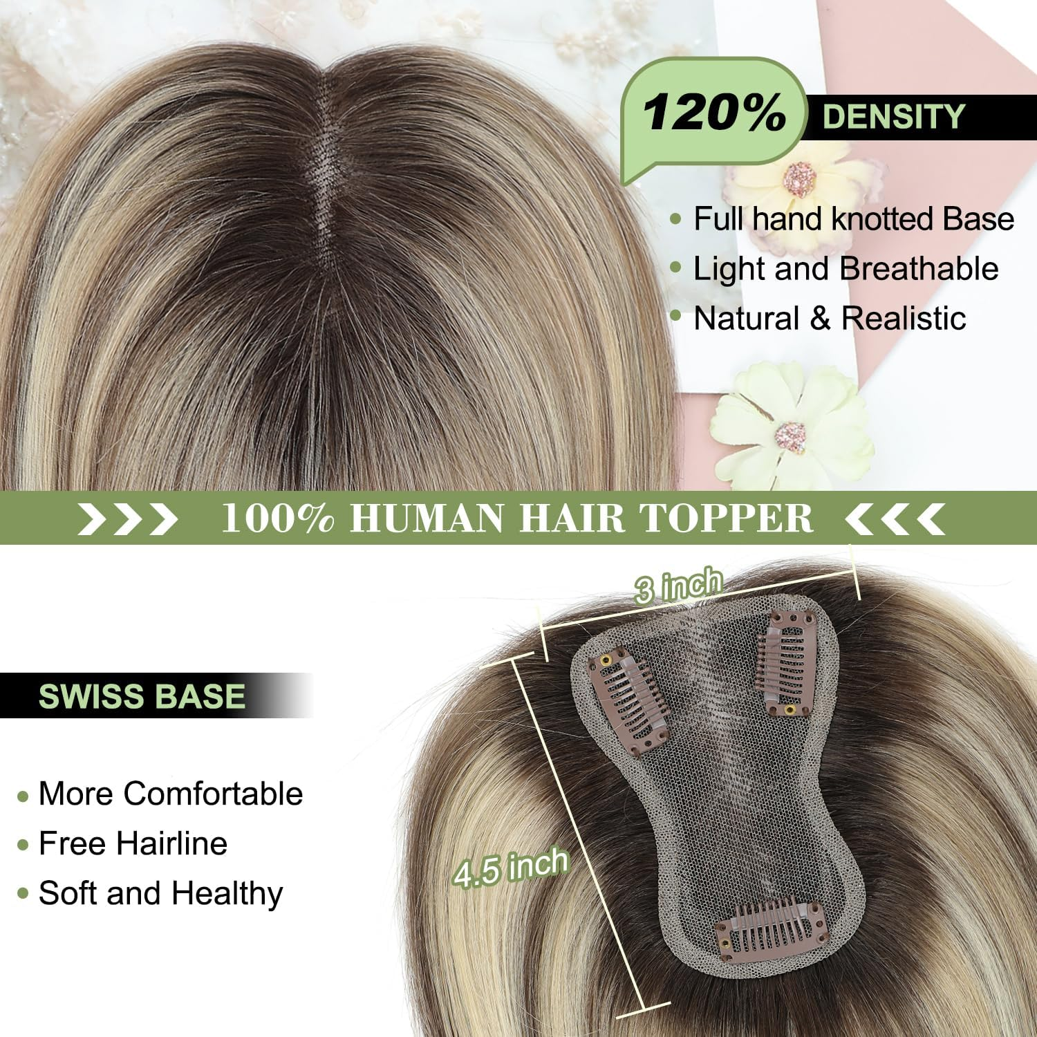Hair Toppers for Women Real Human Hair 10 Inch Hair Toppers for Women Upgrade Swiss Base Hairpieces for Hairloss (Ombre Light Brown with Blond Highlight)