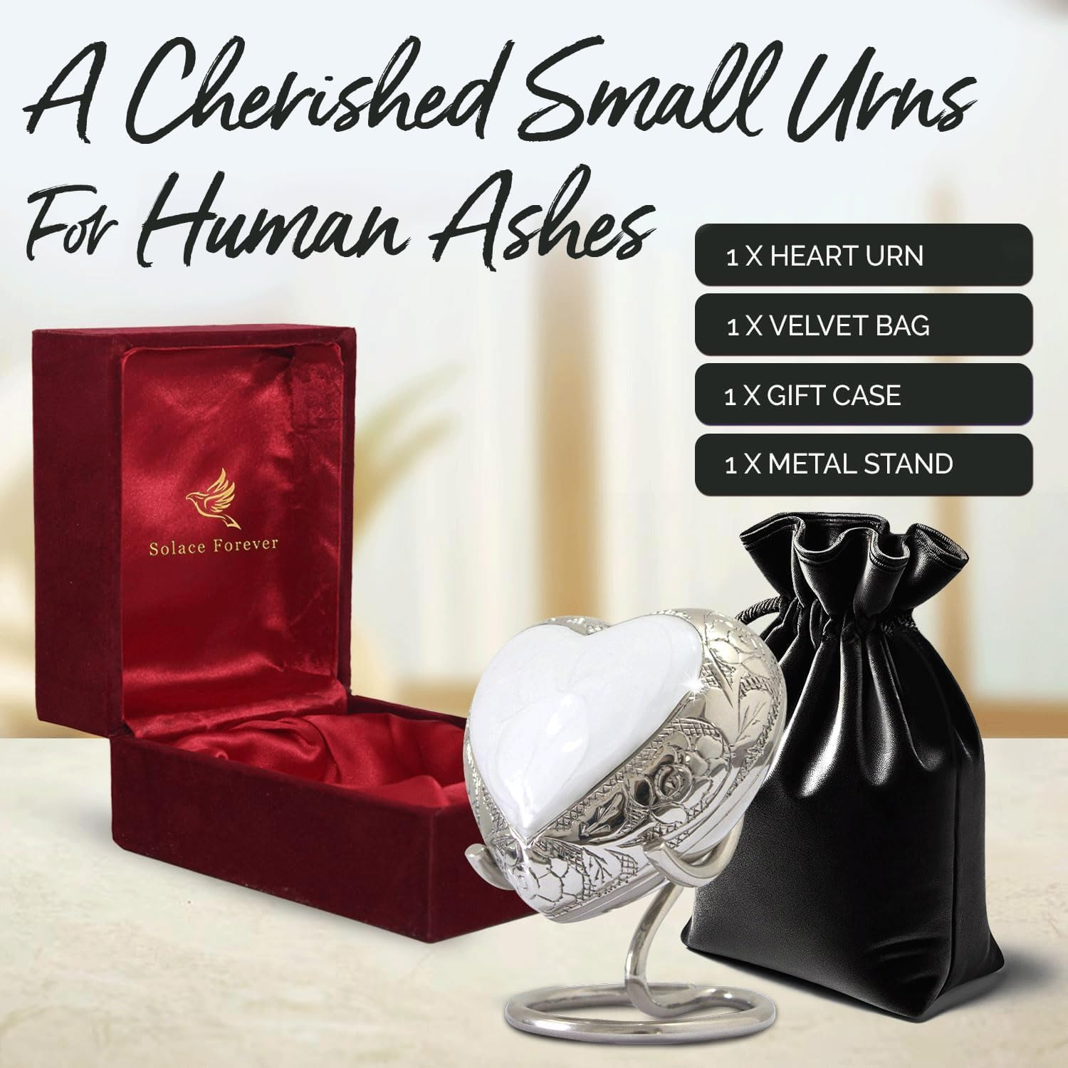 Heart Shaped Urn for Ashes with Stand & Box - Keepsake Cremation Urn to Honor Your Loved One - for Women & Men (White, Small)