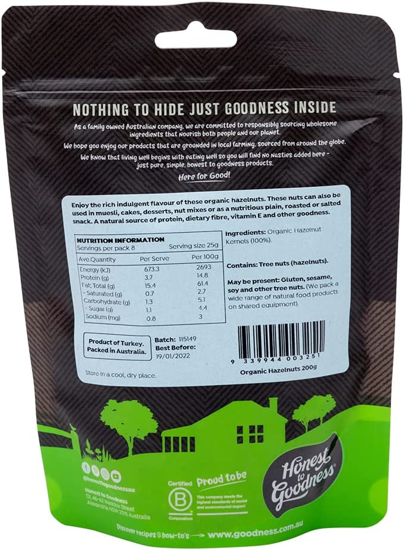 Honest to Goodness Organic Hazelnut Kernels, 200 Grams - a Luxurious Flavor and a Delightful Crunch! Famously Complementing Chocolate, Nutrient Dense and a Pantry Staple. image number 1
