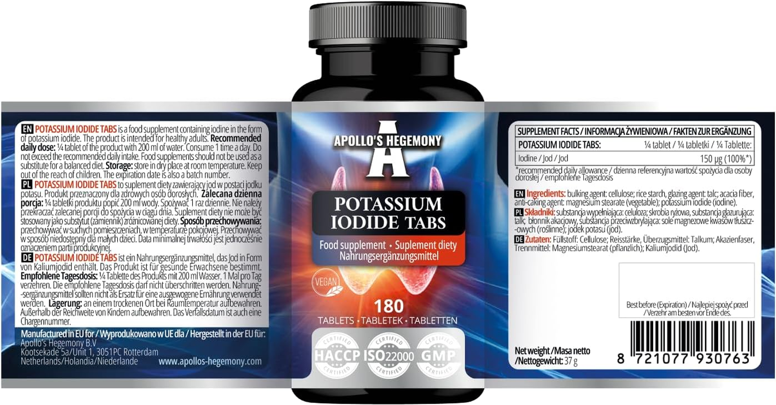 Potassium Iodide 150 Mcg per Portion - 180 Vegan Tablets - 720 Servings - for Optimal Gland Function and Energy Metabolism - Diet Supplement by Apollo'S Hegemony image number 3