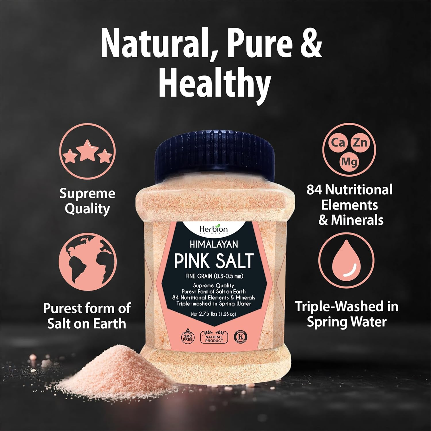 Herbion Naturals Himalayan Pink Salt Jar - Fine Grain, 1.25 Kg | GMO Free, Vegan, Kosher Certified | Triple-Washed, Chemical Free
