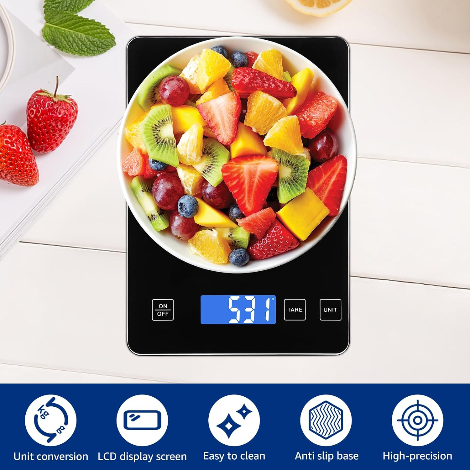 Digital Kitchen Scales 15Kg/33Lb Food Scale High Accuracy1G/0.03Oz Weight in Grams and Ounces Scale Waterproof Tempered Glass Platform with LCD Display for Cooking Baking (Black)