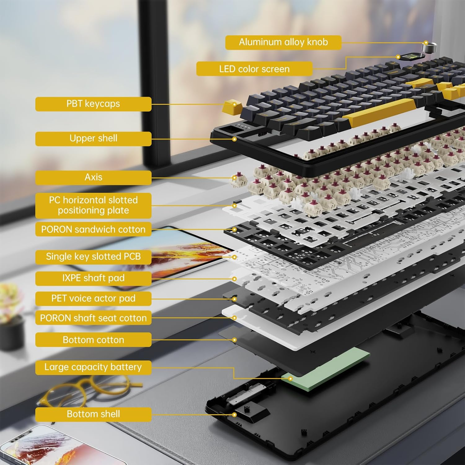 MAMBASNAKE &times; ATTACKSHARK X98 Wireless Mechanical Keyboard,Led Screen&Knob,Tri-Mode BT/2.4G/USB-C Gasket RGB Gaming Keyboard,Sound Dampening,Hot-Swappable, Pre-Lubed Linear Switches-Black image number 5