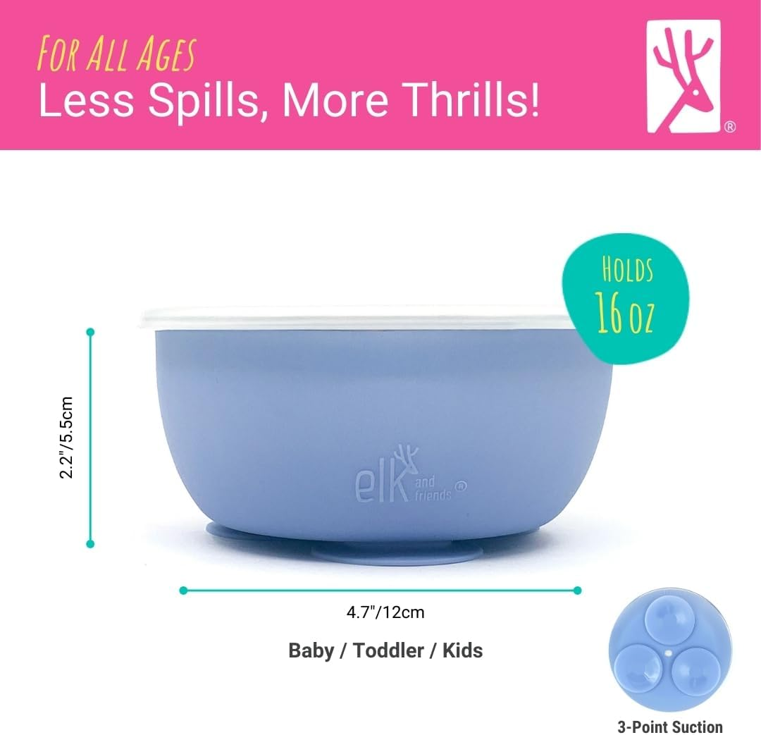 Elk and Friends Kids Stainless Steel Bowls with Silicone Suction Sleeves + Lids| Suitable for Babies/Toddlers | Dishwasher Safe | Stay Put Dinnerware | Snack Dishes | 4 Pack - Sage/Misty Blue/Gray /Navy image number 2