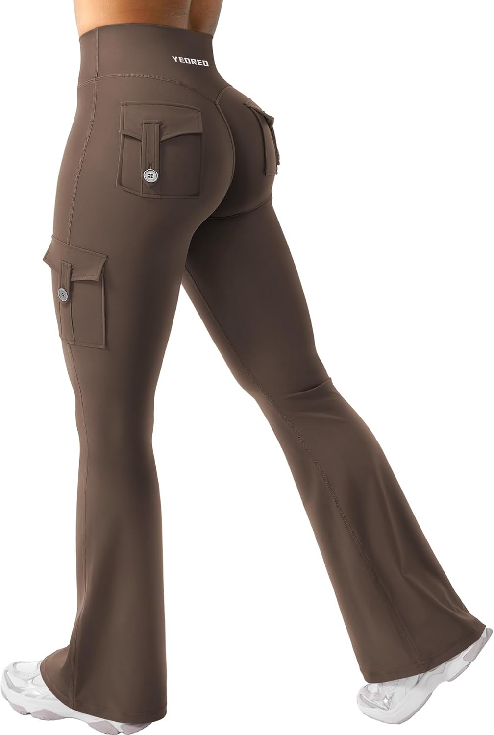 YEOREO Women Workout Flare Leggings with Pockets Hidden Scrunch High Waisted Cargo Gym Yoga Leggings Coffee image number 4