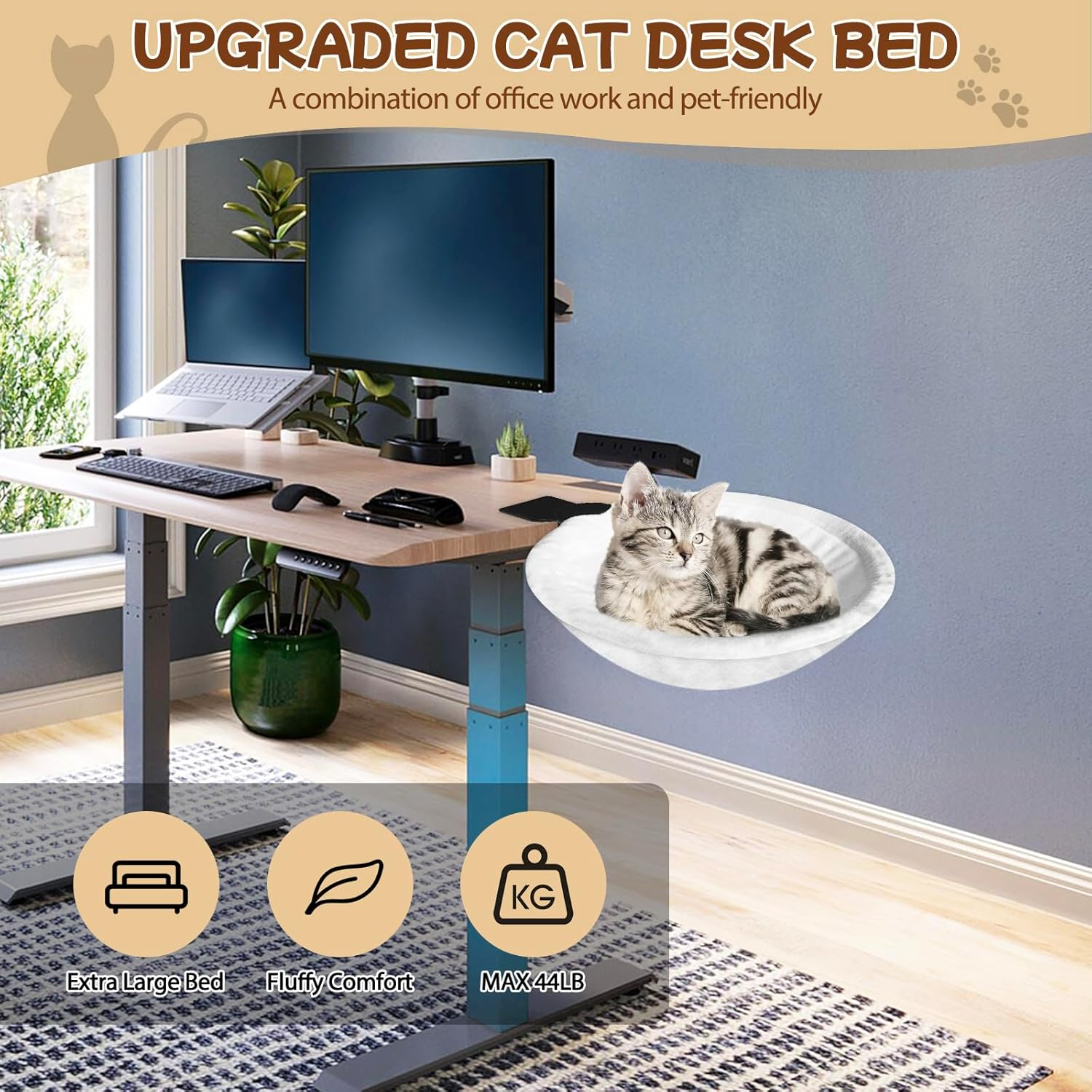 Homegroove Cat Desk Bed, Extra-Large & Space-Saving Cat Bed for Desk, Sunken Design Holds up to 40Lbs, Soft Faux Fur Material for Desk, Office, Gamers, Removable & Washable(White) image number 2