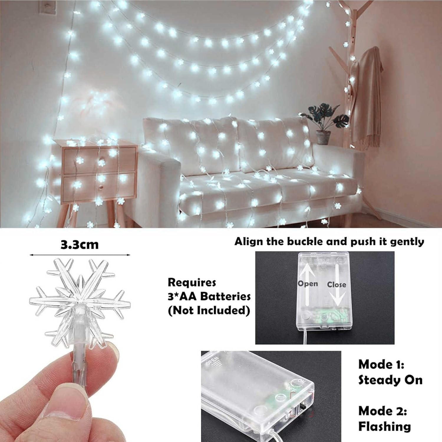 Kvadouly Christmas Lights, 33 Ft 80 LED Snowflake String Lights &ndash; Battery Operated Waterproof Fairy Lights for Indoor Outdoor Christmas Decorations, Bedroom Patio Garden Party Decor, Cool White image number 2