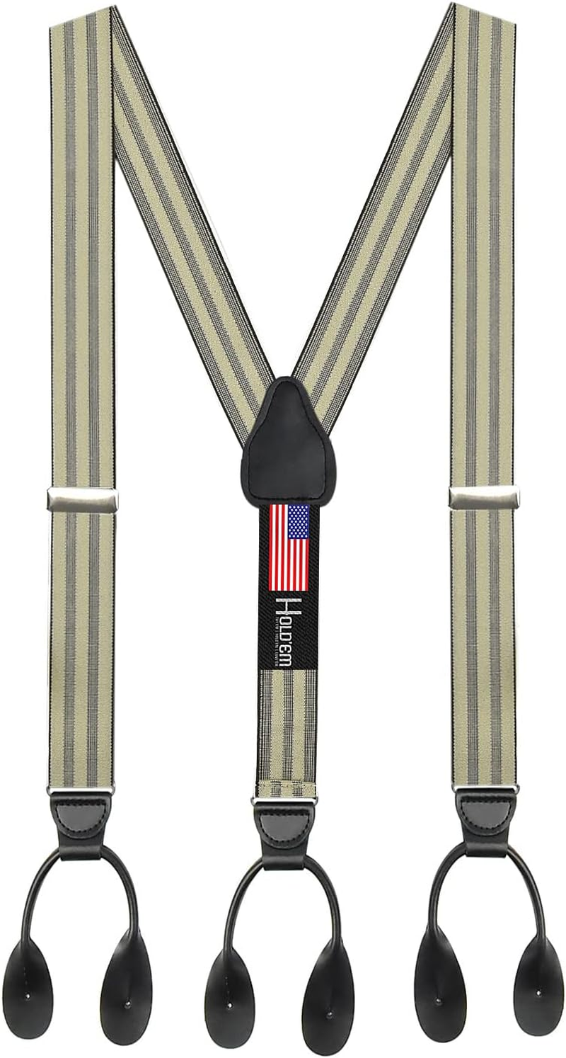Hold'Em 1 &frac14; Fancy Stripes and Solid Suspenders for Men - Y-Back Adjustable Leather Trimmed Button End