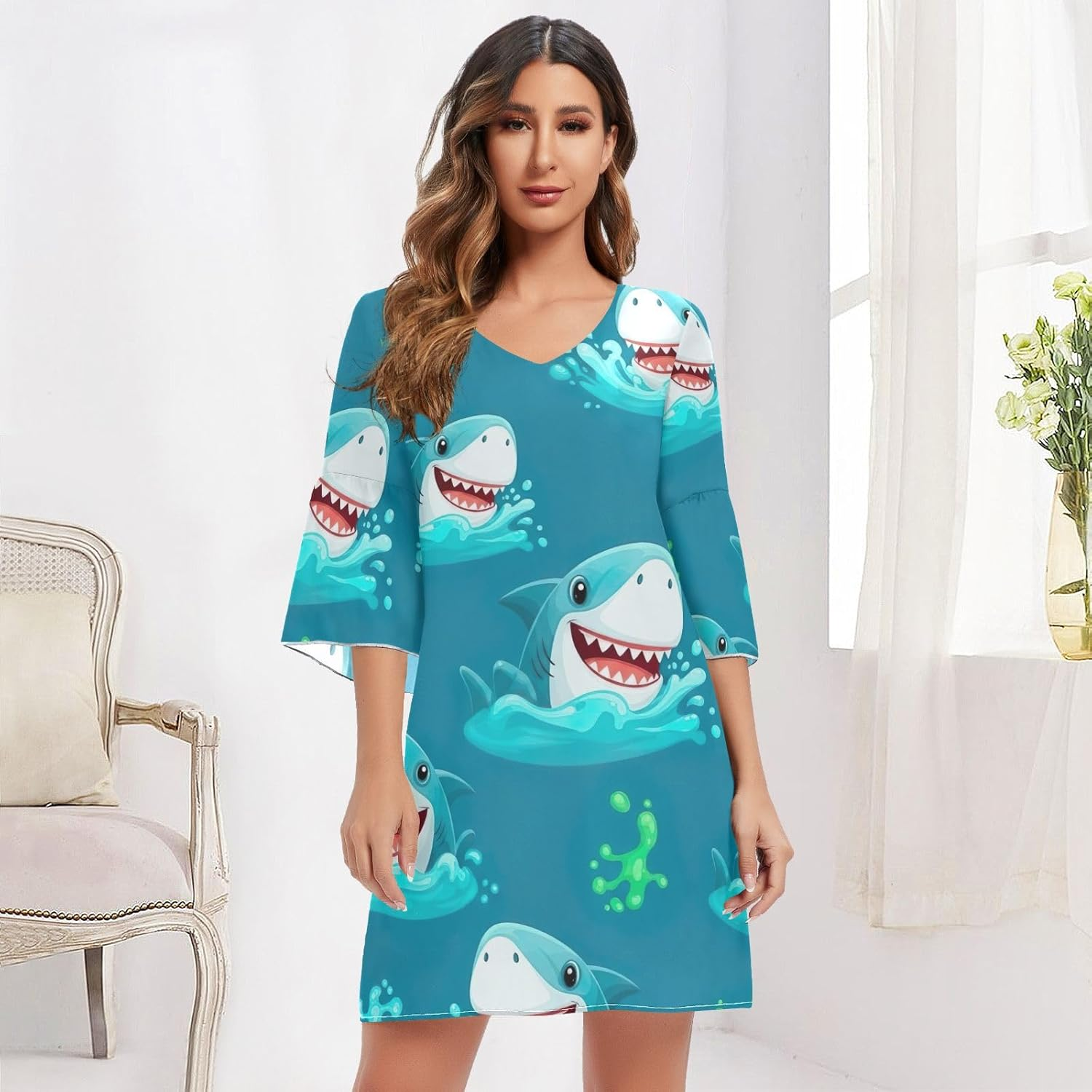 Cartoon Sharks Heads Western a Line Dress Printed Line Maternity Dress image number 4