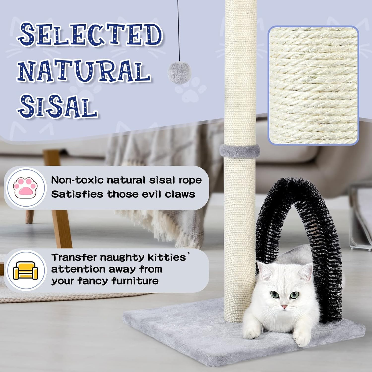 Tall Cat Scratching Post with Arch Self Groomer Massager, Scratching Post for Indoor Cats from Kitten to Adults, Stable Sisal Cat Post with Extra Interactive Dangling Plush Toy image number 5