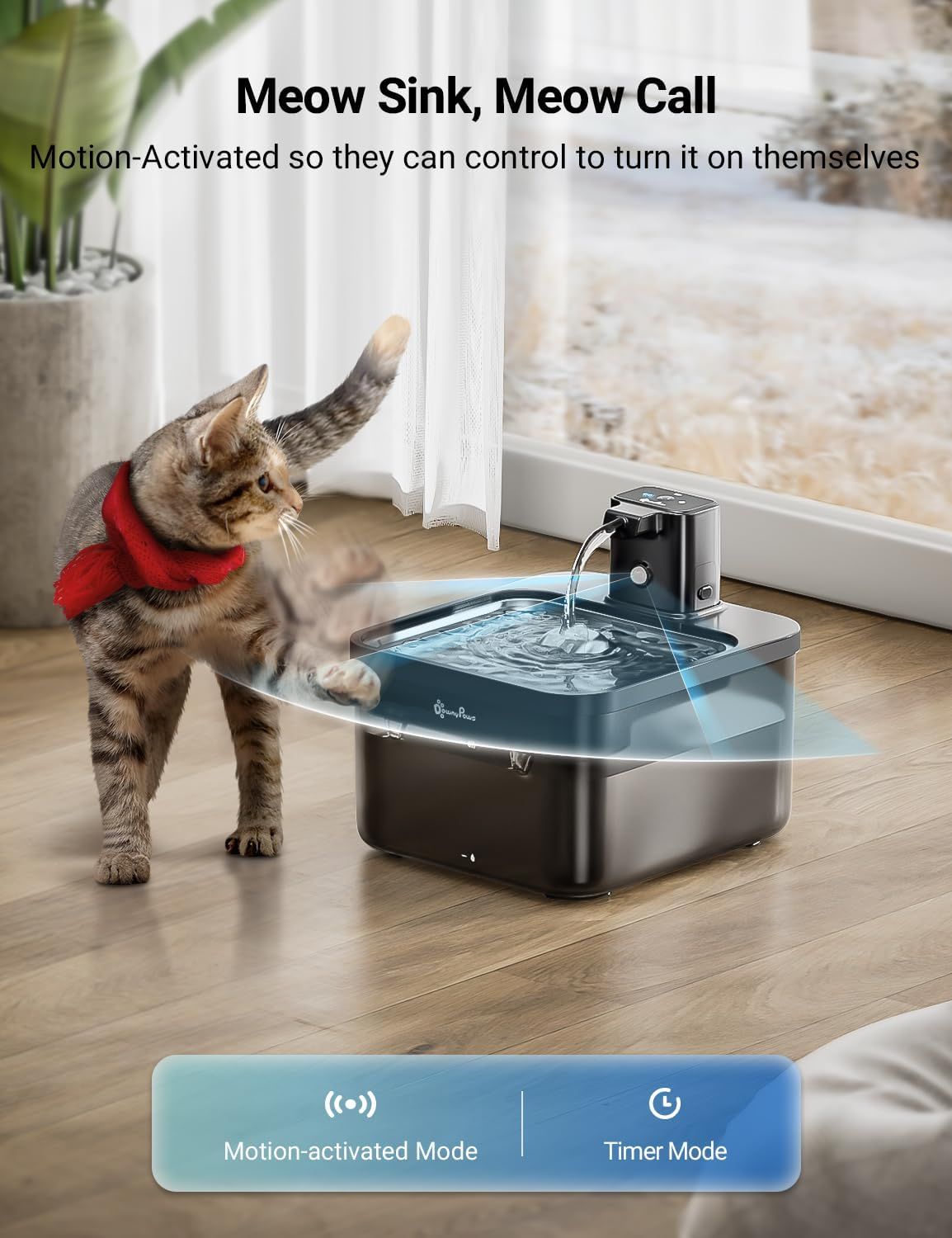 Downypaws Cordless Cat Water Fountain Battery Operated Rechargeable Wireless 4000 Mah Stainless Steel Motion Sensor Ultra Quite Pump 2.5L Indoor, Black image number 2