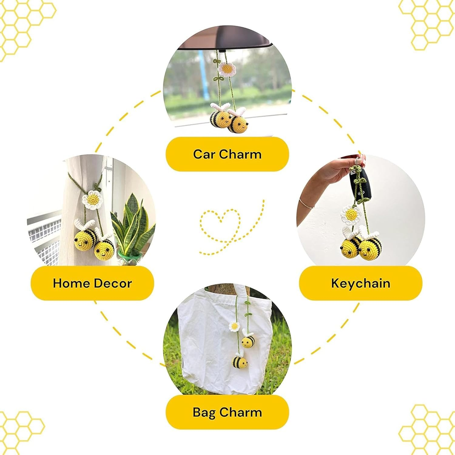 Knitted Car Decoration, Bee Handmade Crochet Car Ornament, Crochet Car Accessories, Cute Flower Knitting Pendant, Automotive Interior Decoration for Bee Lovers