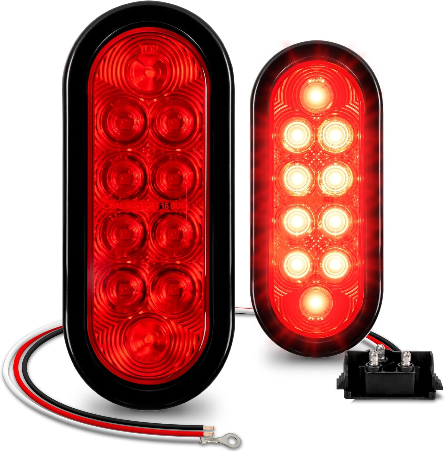 TRUE MODS 2Pc 6 Inch Red Oval LED Trailer Tail Light Kit [Stop Turn Tail] [DOT FMVSS 108 SAE S2TSI6P2] [Grommet & 3 Prong Plug] [IP67 Waterproof] Boat RV Flatbed Truck Trailer Brake Lights image number 2