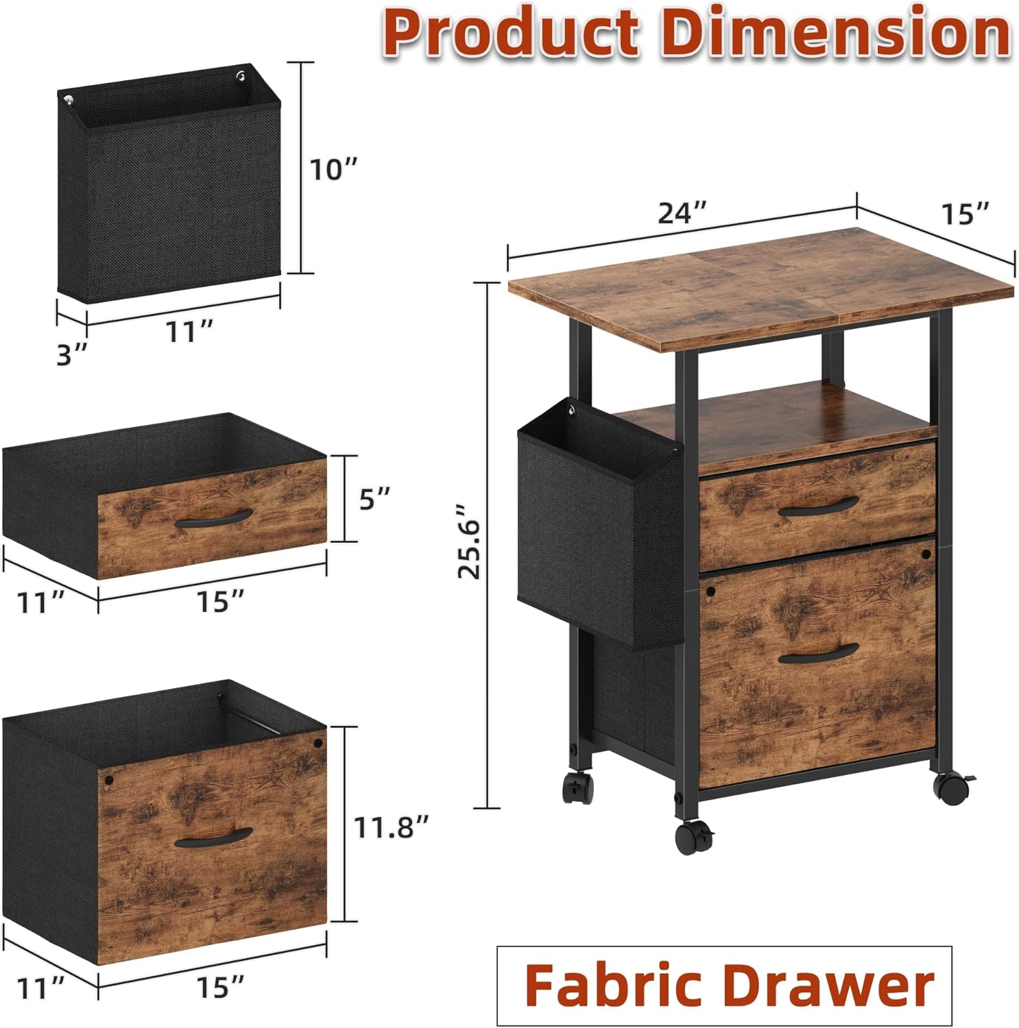 GYIIYUO 2 Fabric Drawer File Cabinet with 24'' Extended Desktop, Mobile Filing Cabinet, Rolling File Cabinet with Side Bag, Fits A4 Size, Home Office, Light Brown image number 2