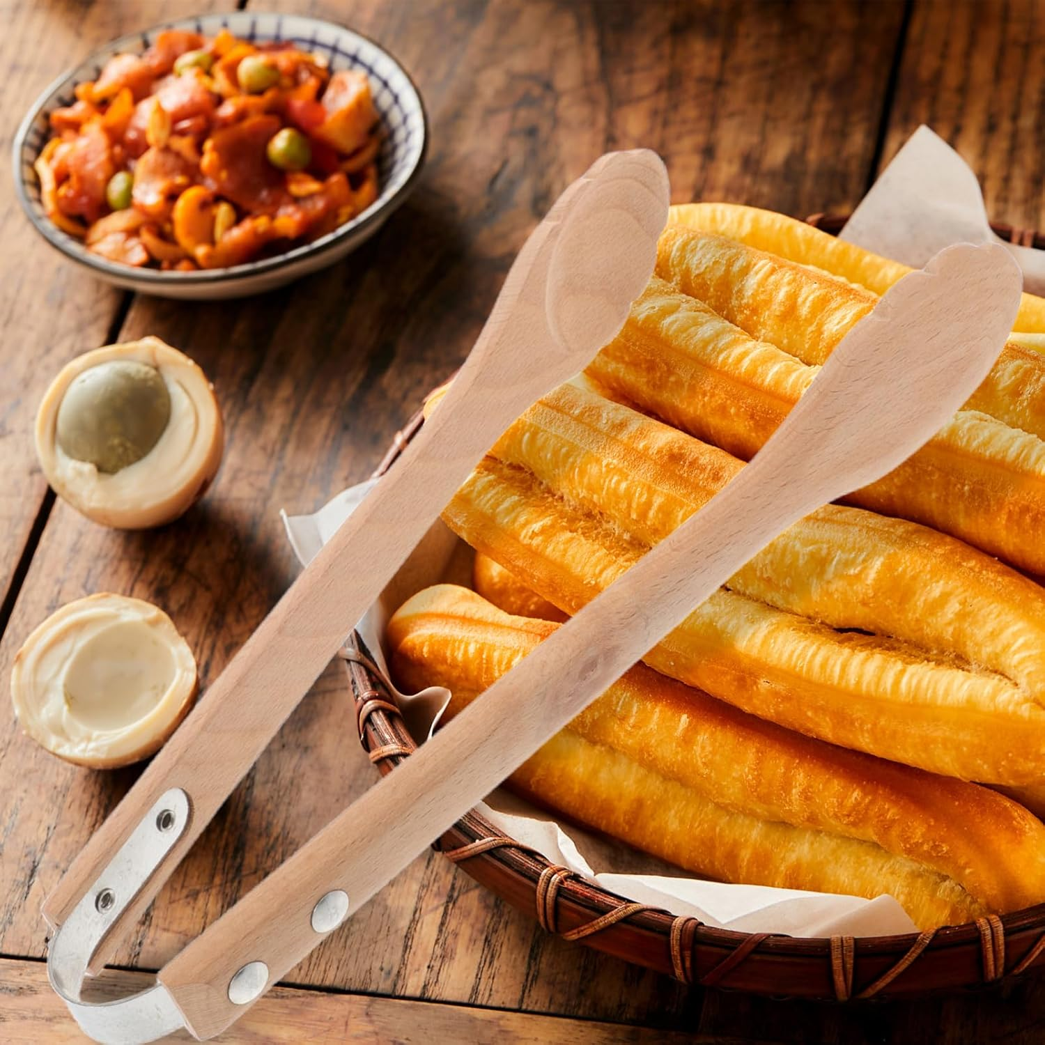 SOLUSTRE Cooking Tongs Natural Wood Heat-Resistant Food Serving Tongs for Kitchen Grilling Accessories