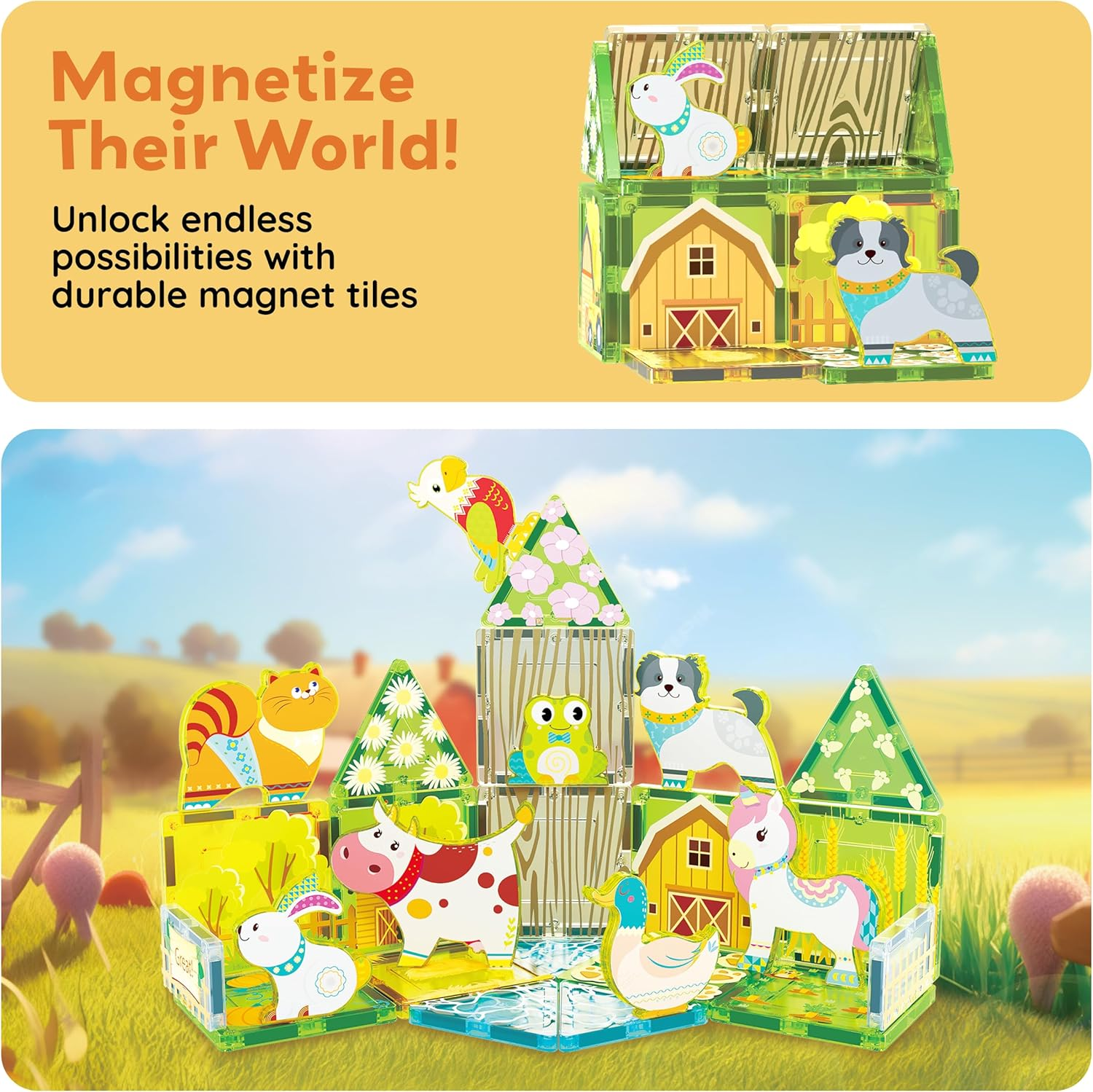 Picassotiles 26Pcs Magnetic Tiles Magnet Tile Building Blocks Printed Fall Farm Themed Animal Toy Set with 8 Farmyard Animals Character Action Figures STEM Learning Playset for Kids, Ages 3+ PTQ27 image number 6