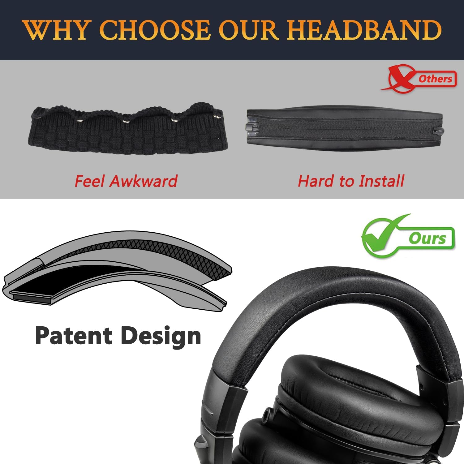 SOULWIT Protein Leather Headband Cover for Audio Technica ATH M50, M50X, M50XWH, M50XBT, M50XBT2, M50S/LE Headphones, Replacement Headstrap Pad Repair Part (Black) image number 1