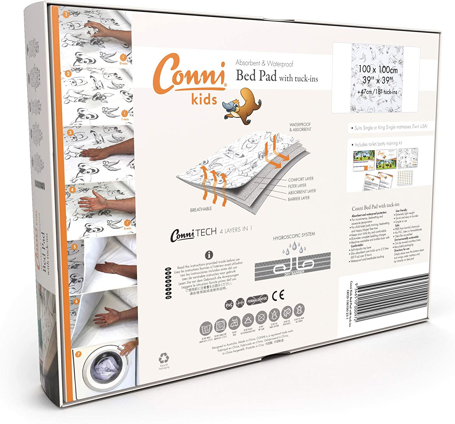 Conni Kids Reusable Bed Pad with Tuck-Ins, Waterproof, Absorbent and Washable Protector Pad for Toilet Training and Youth Incontinence, Aussie Animals Print, 100 X 100 Cm image number 6