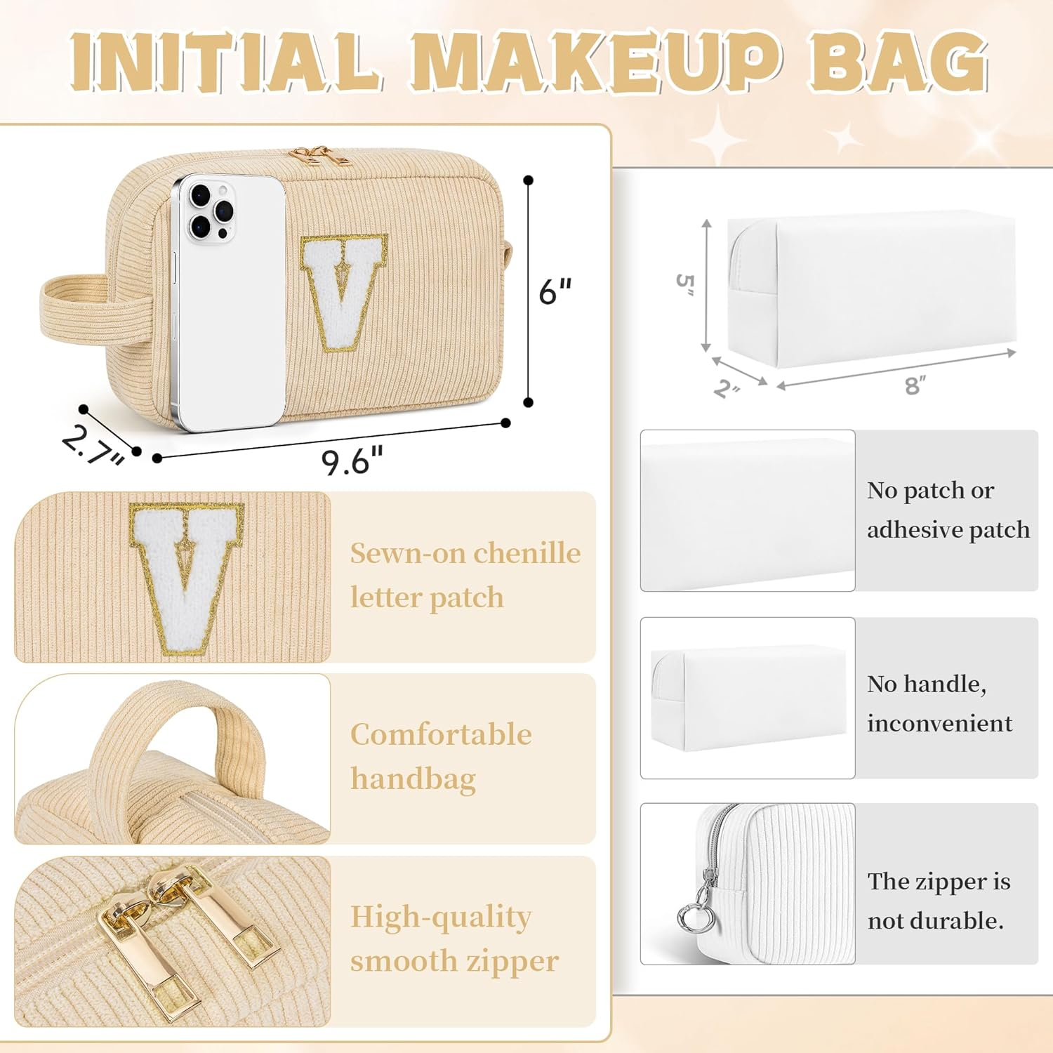 WELIDAY Personalized Initial Makeup Bag, Travel Chenille Patch Cosmetic Bag, Preppy Corduroy Toiletry Bag Monogram Cosmetic Pouch with Zipper, Ideal Gift for Teen Girls Women (Ivory White, V) image number 3