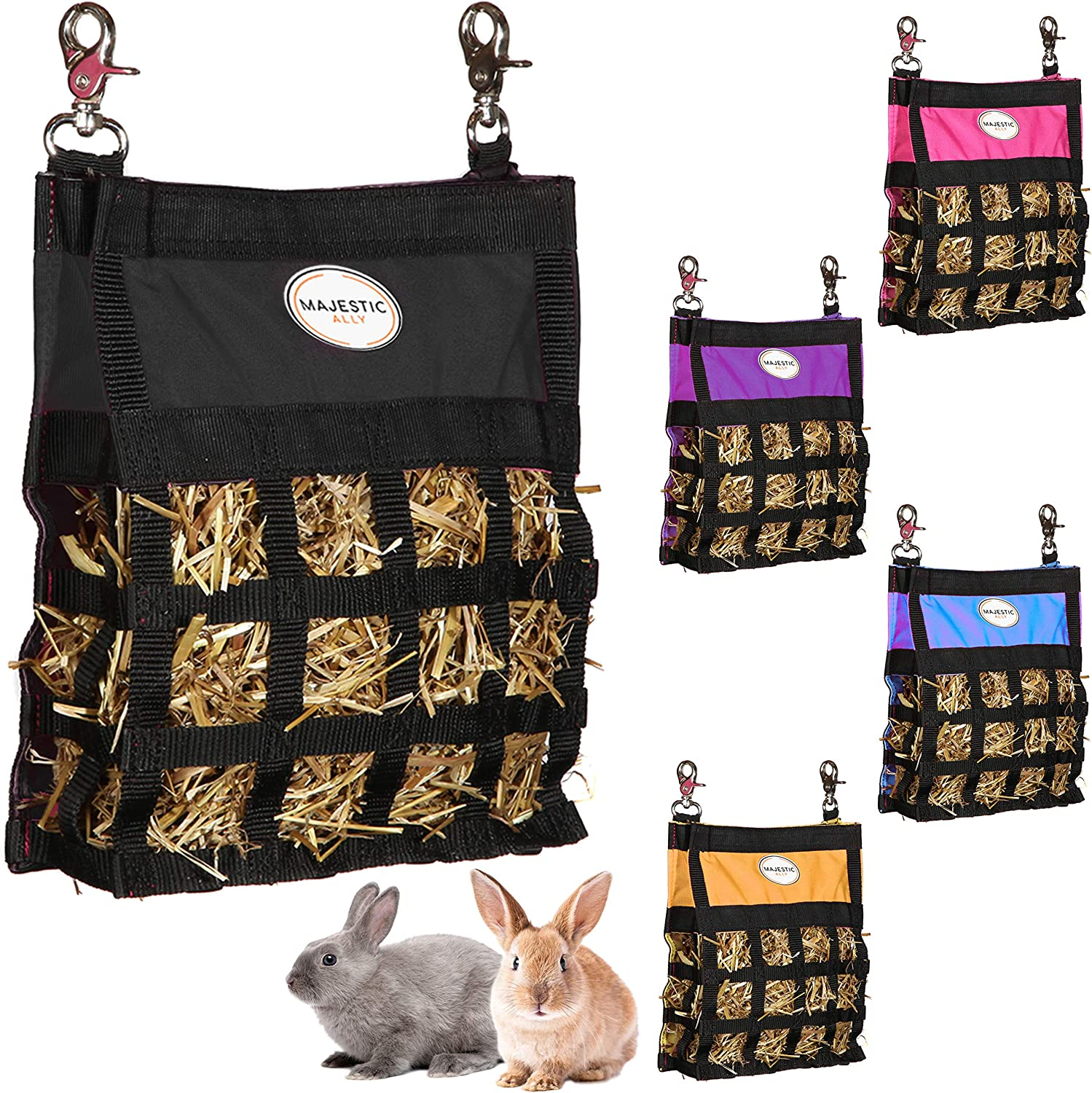 Majestic Ally Guinea Pig Hay Feeder &ndash; Rabbit Hay Feeder &ndash; Premium Quality Highly Durable Nylon &ndash; Three Side Open Slow Feed Hay Bag for Small Animals &ndash; 5 Lovely Colors (Orange)