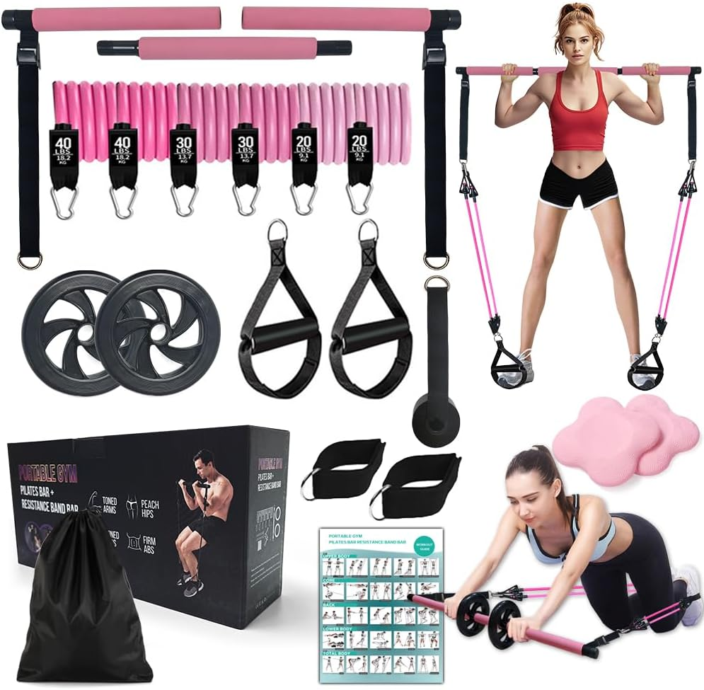 Pilates Bar Kit with 180LBS Resistance Bands(20,30,40 LB),21PCS Pilates Equipment Exercise Bar with Ab Roller, Portable Home Gym Fitness Pilates Bar for Women & Men
