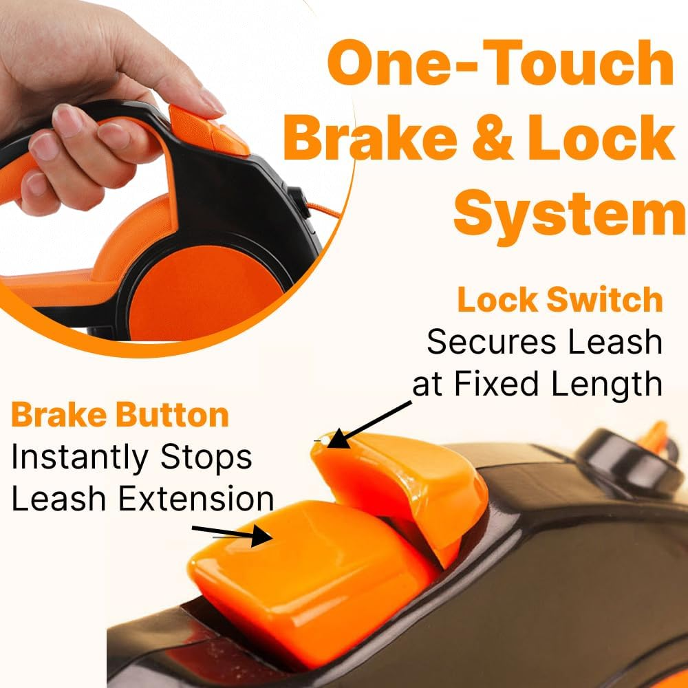 Reflective Retractable Dog Leash &ndash; 5M Extendable Lead with Quick-Lock Brake, Tangle-Free Nylon Tape & Soft Anti-Slip Handle for Night Walking (Orange) - Green image number 2