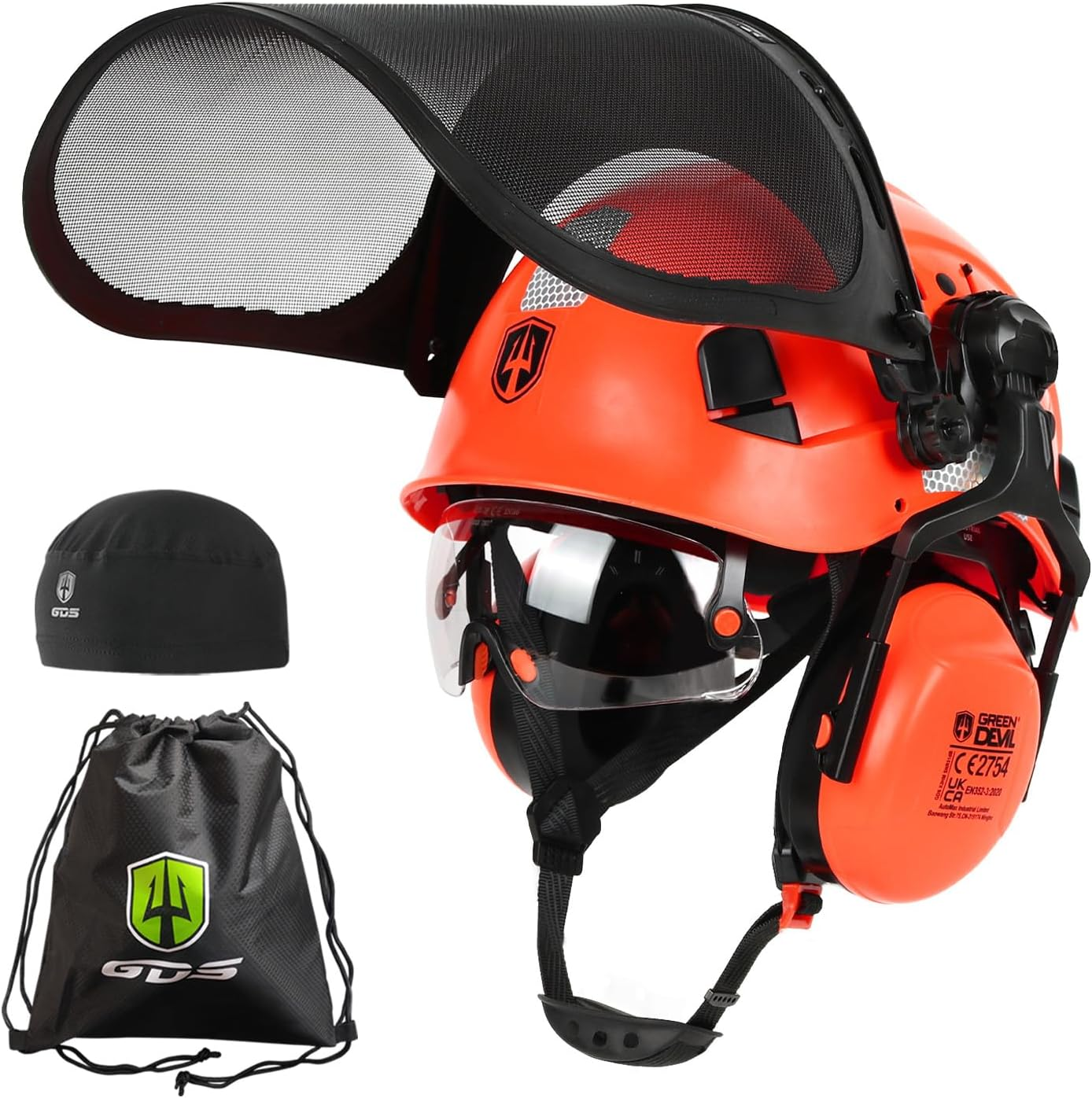 GREEN DEVIL Forestry Chainsaw Safety Helmet EN397 Certified - 5-In-1 System with Mesh Face Protection, Built-In Visor & Earmuffs - Ventilated, for Logging and Gardening - Unisex