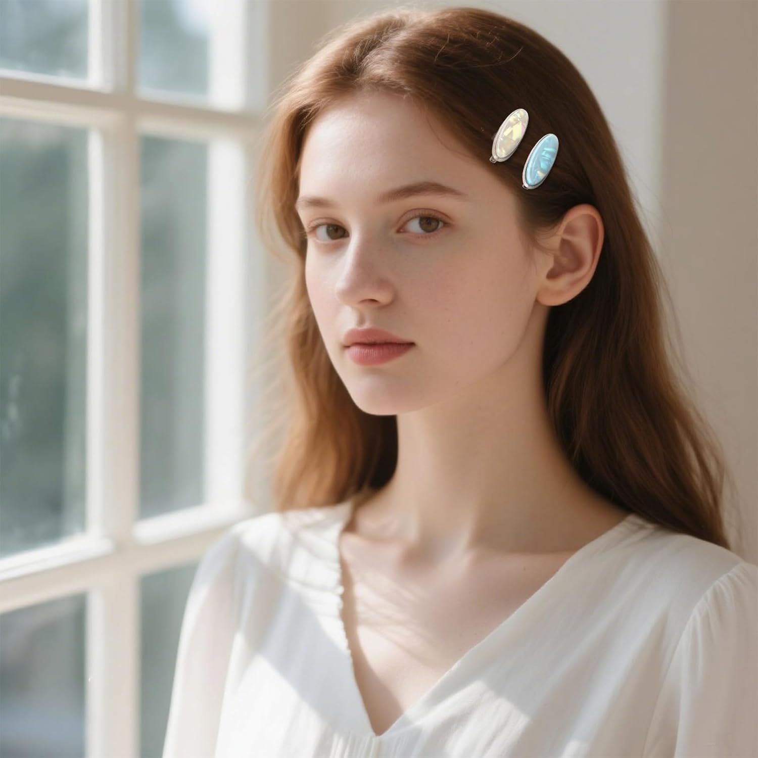 EXIPSAT Oval Hair Clips Set (3 Pairs), Shiny Hair Clips, without Bend, Hair Clips for Women, 3 Colours (Pink, White, Blue) image number 2