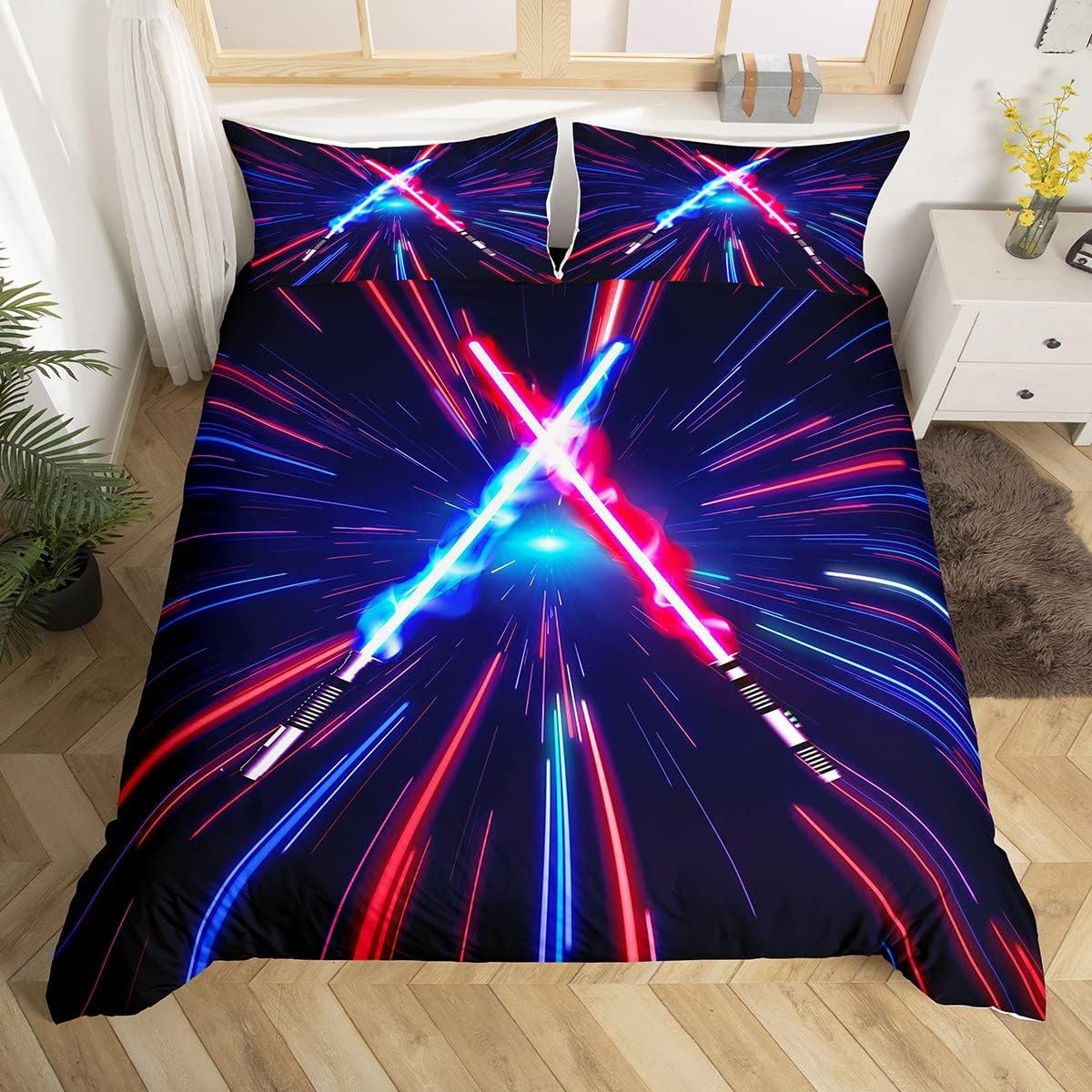Lightsaber Duvet Cover Set Queen Size,Geometric Lines Gradient Bedding Set 3Pcs for Kids Teens Boys Room Decor, Future Technology Metaverse Comforter Cover Red Blue Quilt Cover with 2 Pillowcases image number 6
