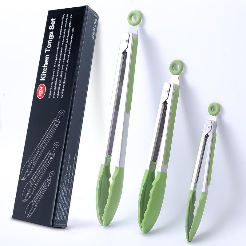 3Pcs (7", 9" & 12") Set Silicone Heat Resistant Kitchen Tongs,Premium Locking Cooking Tongs with Silicone Tips, Non-Slip Food Tongs for Cooking, Non-Stick, Stainless Steel Handle (Grass Green)